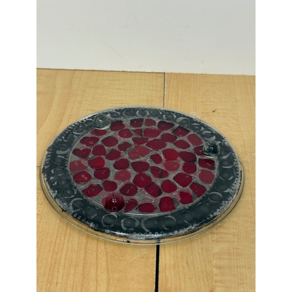 Handmade Mosaic Coaster Trivet Red Glass Beaded Gold Trim Decorative - Picture 3 of 5